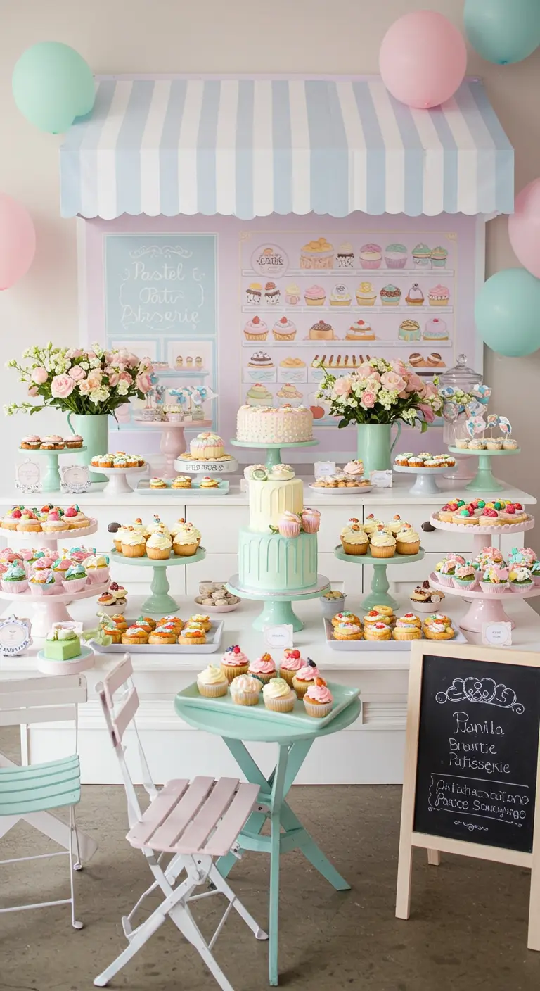 Buffet de pâtisseries pastel avec un décor de boutique rétro et de nombreux gâteaux.