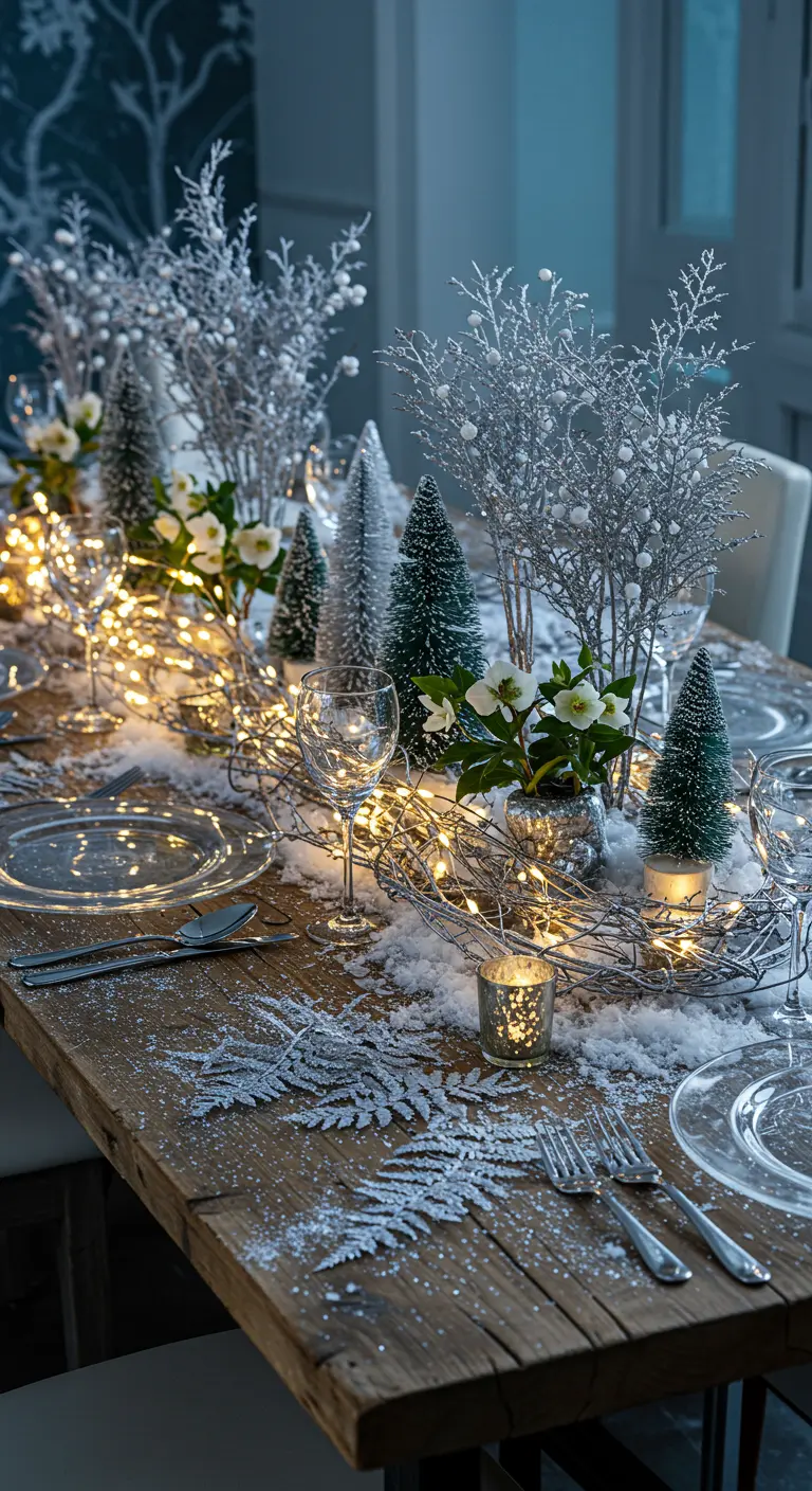 Table de fête avec fausse neige, guirlandes lumineuses, mini-sapins et branches argentées.