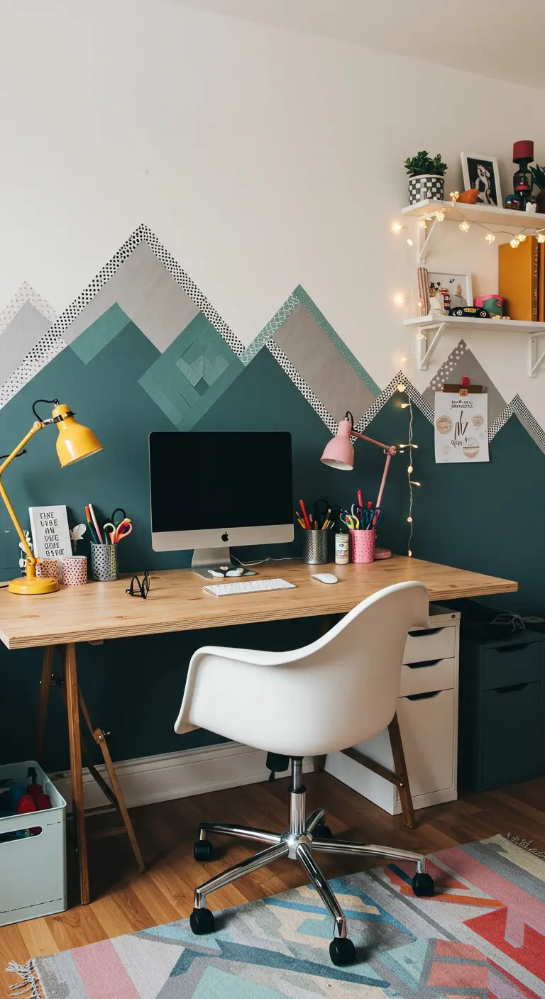 Mur de bureau décoré d'un paysage de montagnes créé avec du washi tape de différentes couleurs.