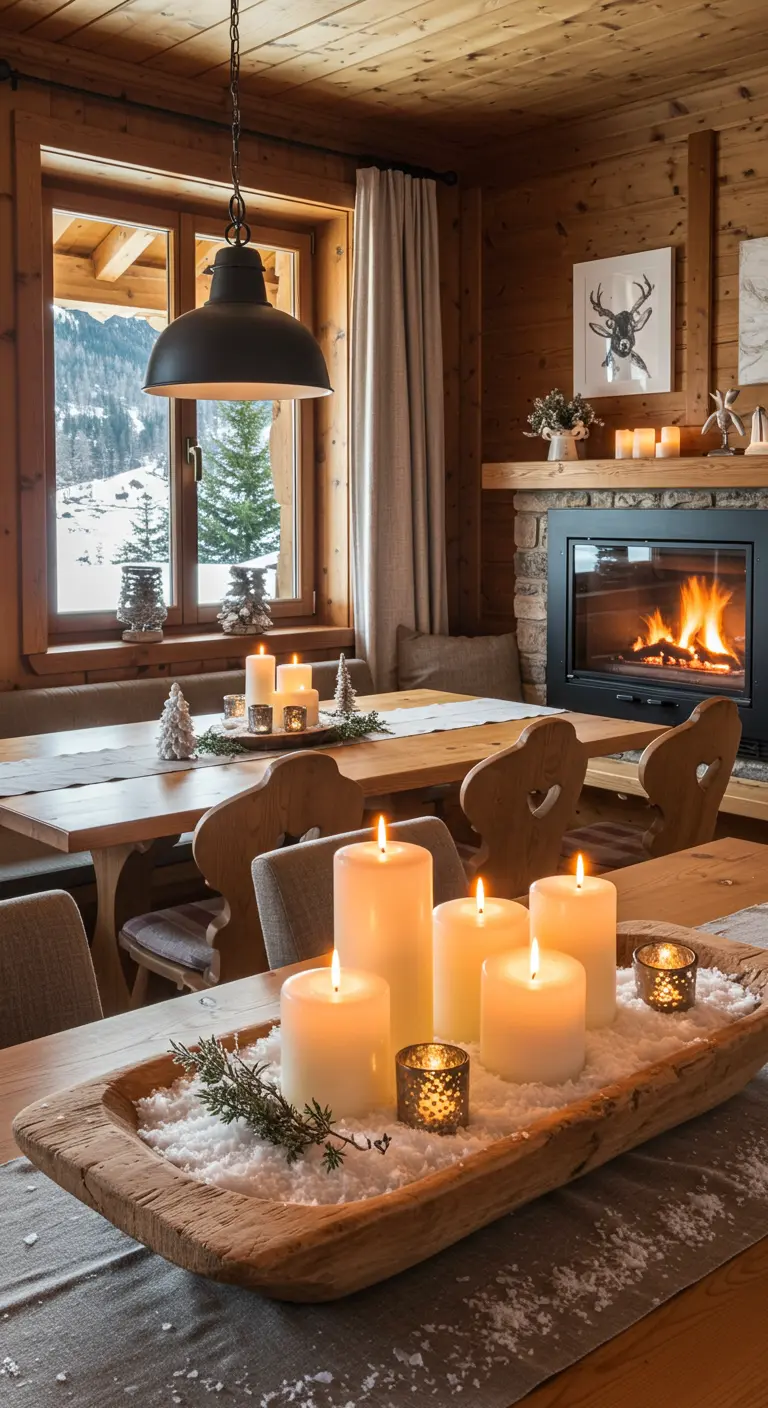 Centre de table en bois rempli de neige artificielle, de bougies blanches et de petits photophores dorés.