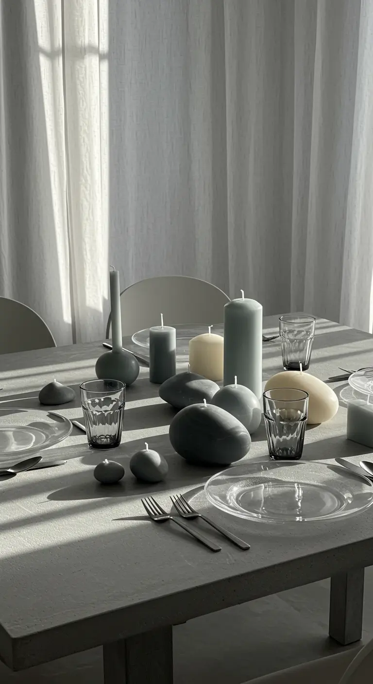 Table en béton gris avec des bougies et des objets en forme de galets.