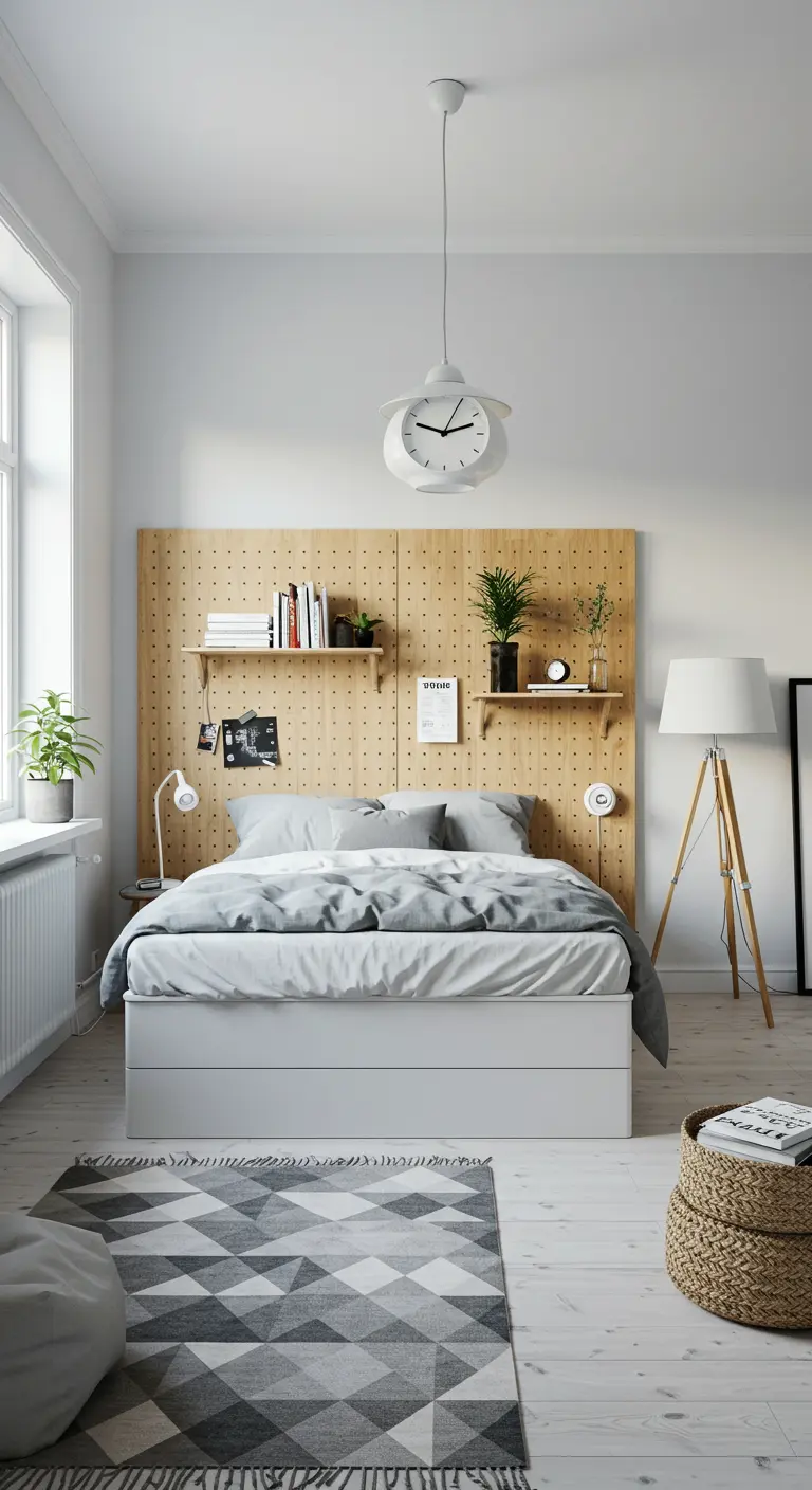 Un grand panneau perforé en bois sert de tête de lit fonctionnelle avec des étagères ajustables.