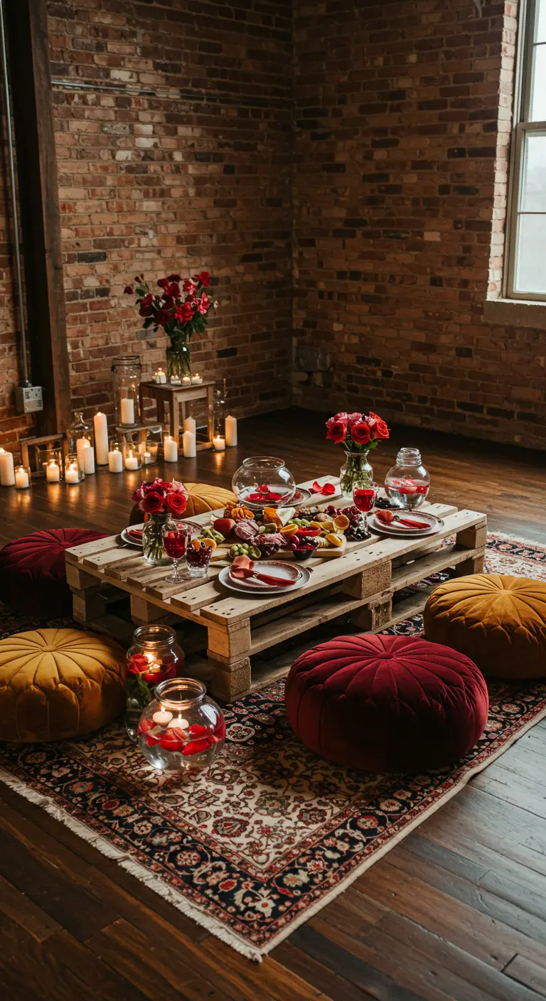 Pique-nique intérieur de style bohème avec une table-palette et des coussins.