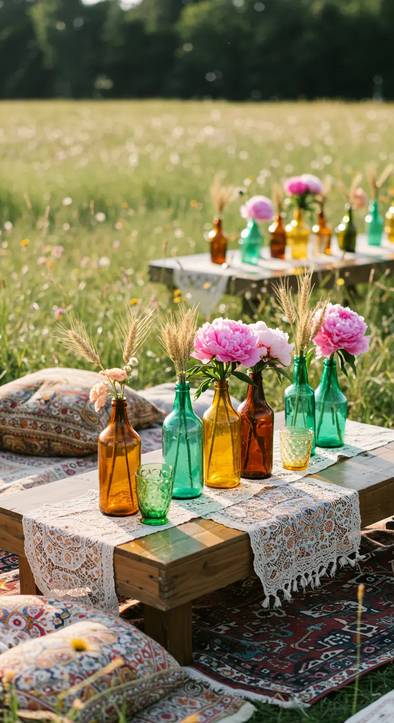 Pique-nique bohème avec tables basses, tapis et bouteilles colorées.