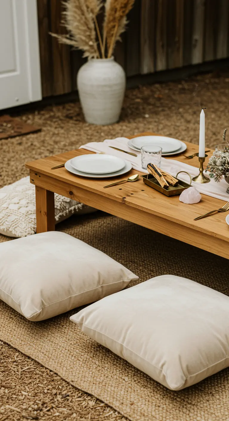 Dîner au sol de style bohème avec une table basse et des coussins.