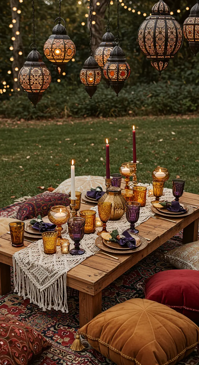 Table basse de pique-nique bohème avec des coussins au sol et des bougies flottantes colorées.