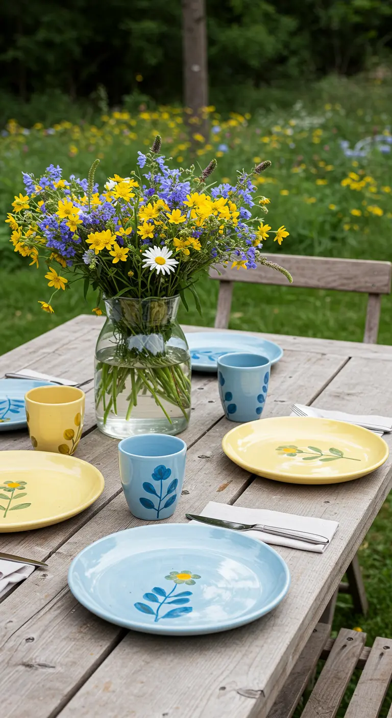 Table en bois dans un jardin avec vaisselle à motifs floraux bleus et jaunes.
