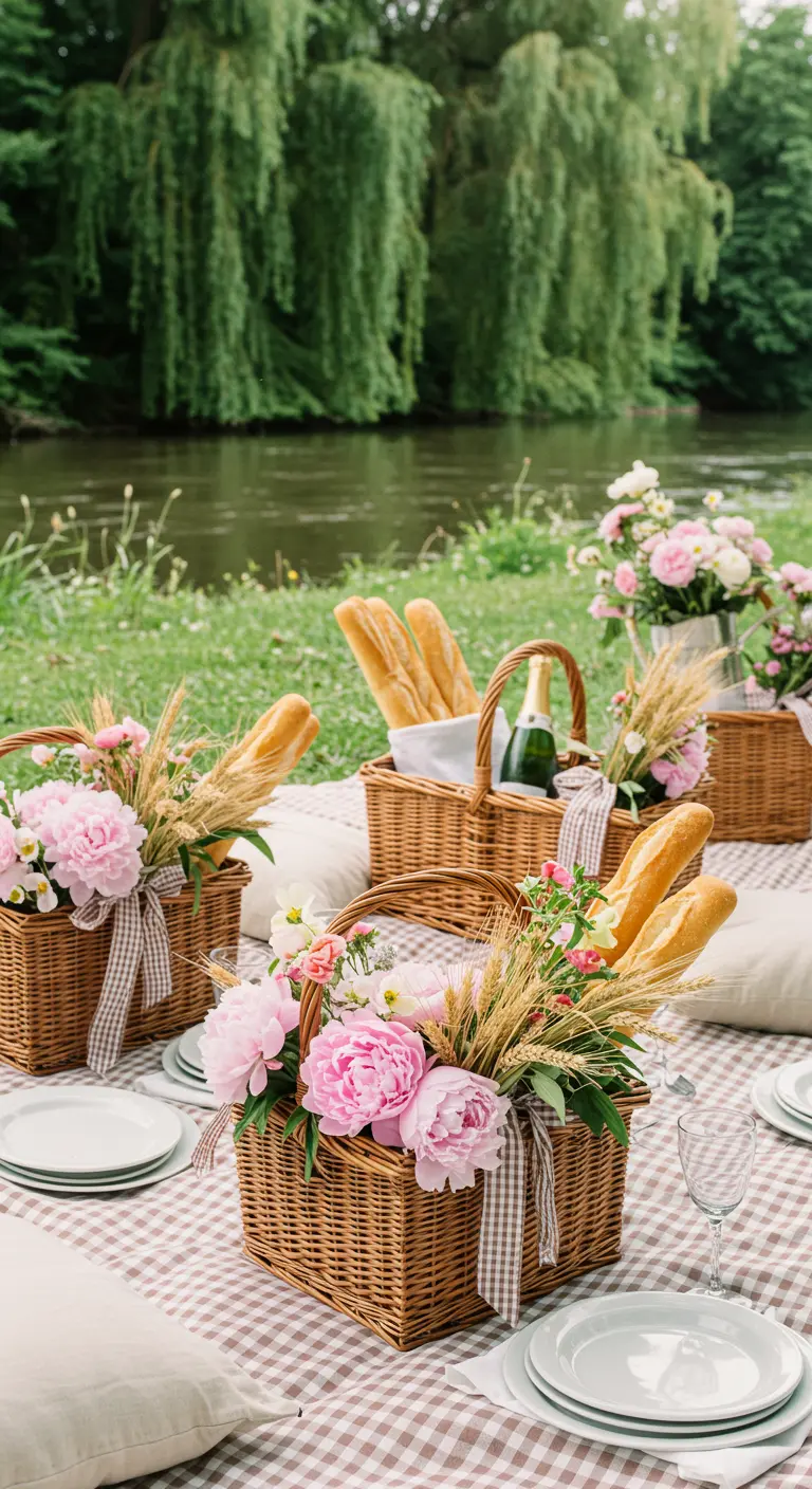 Paniers de pique-nique remplis de pivoines et de baguettes pour un mariage.