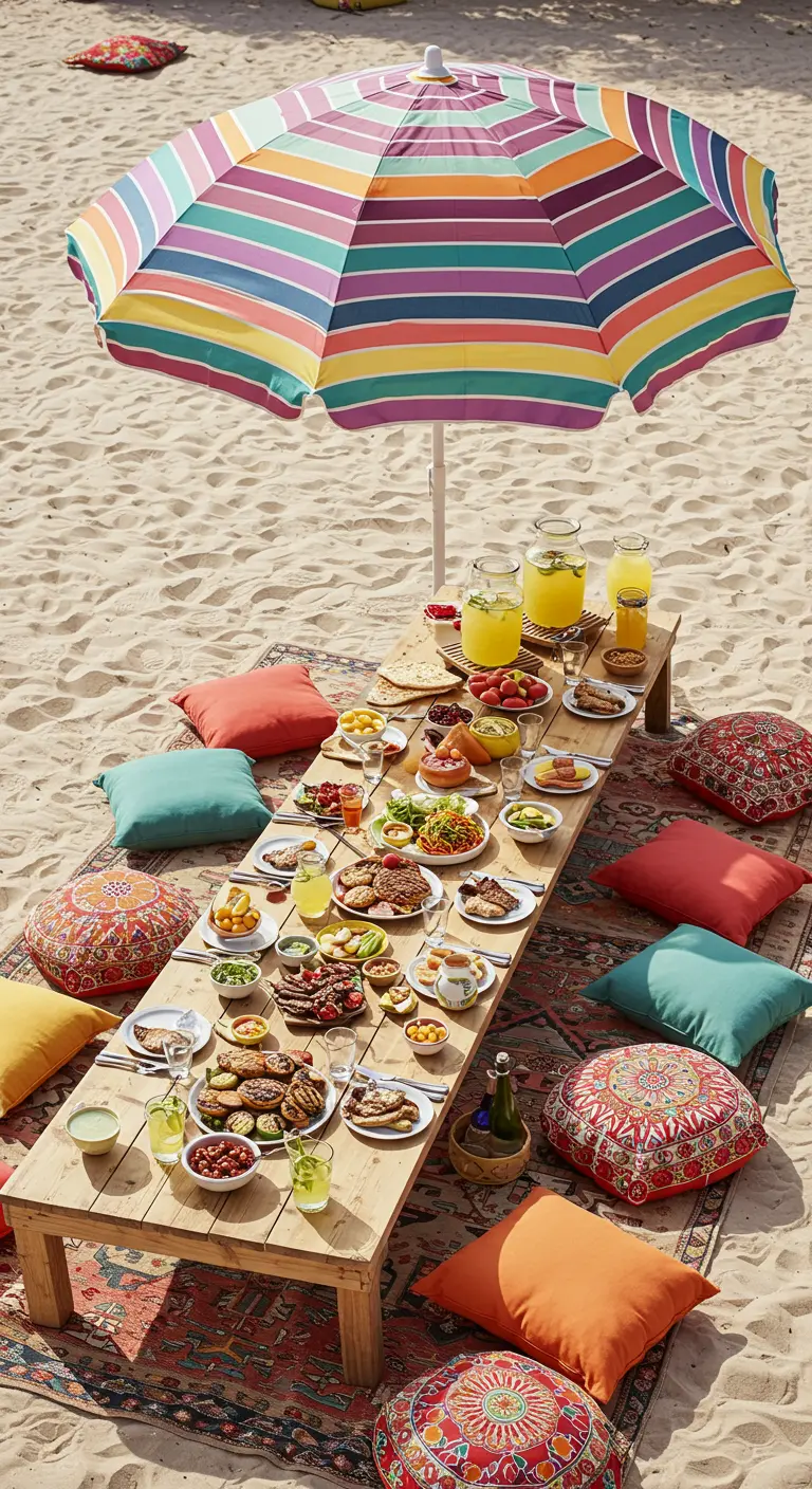 Longue table de pique-nique basse sur la plage, entourée de coussins colorés.