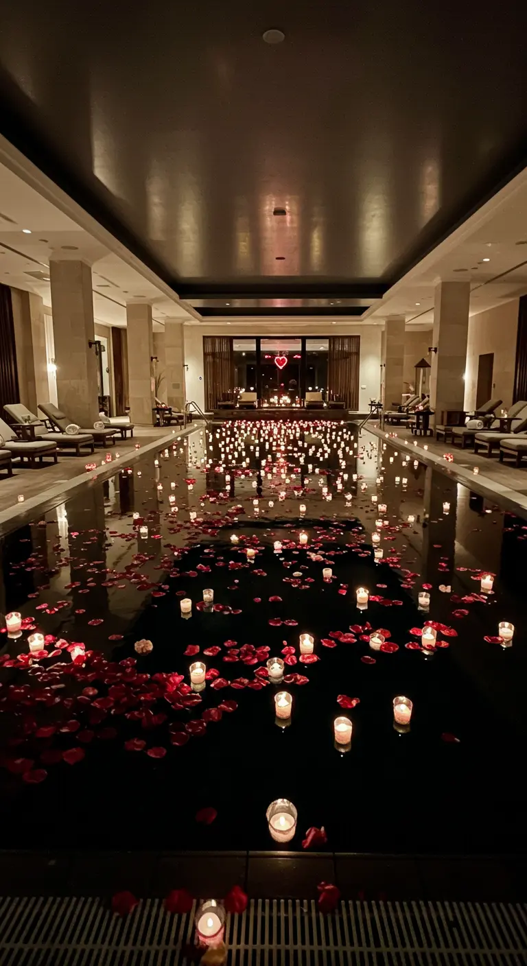 Piscine intérieure sombre remplie de pétales de roses et de bougies flottantes.