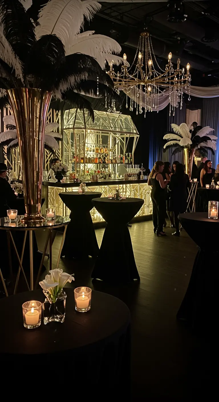 Soirée à thème Gatsby avec un bar doré, des plumes blanches et un lustre en cristal.
