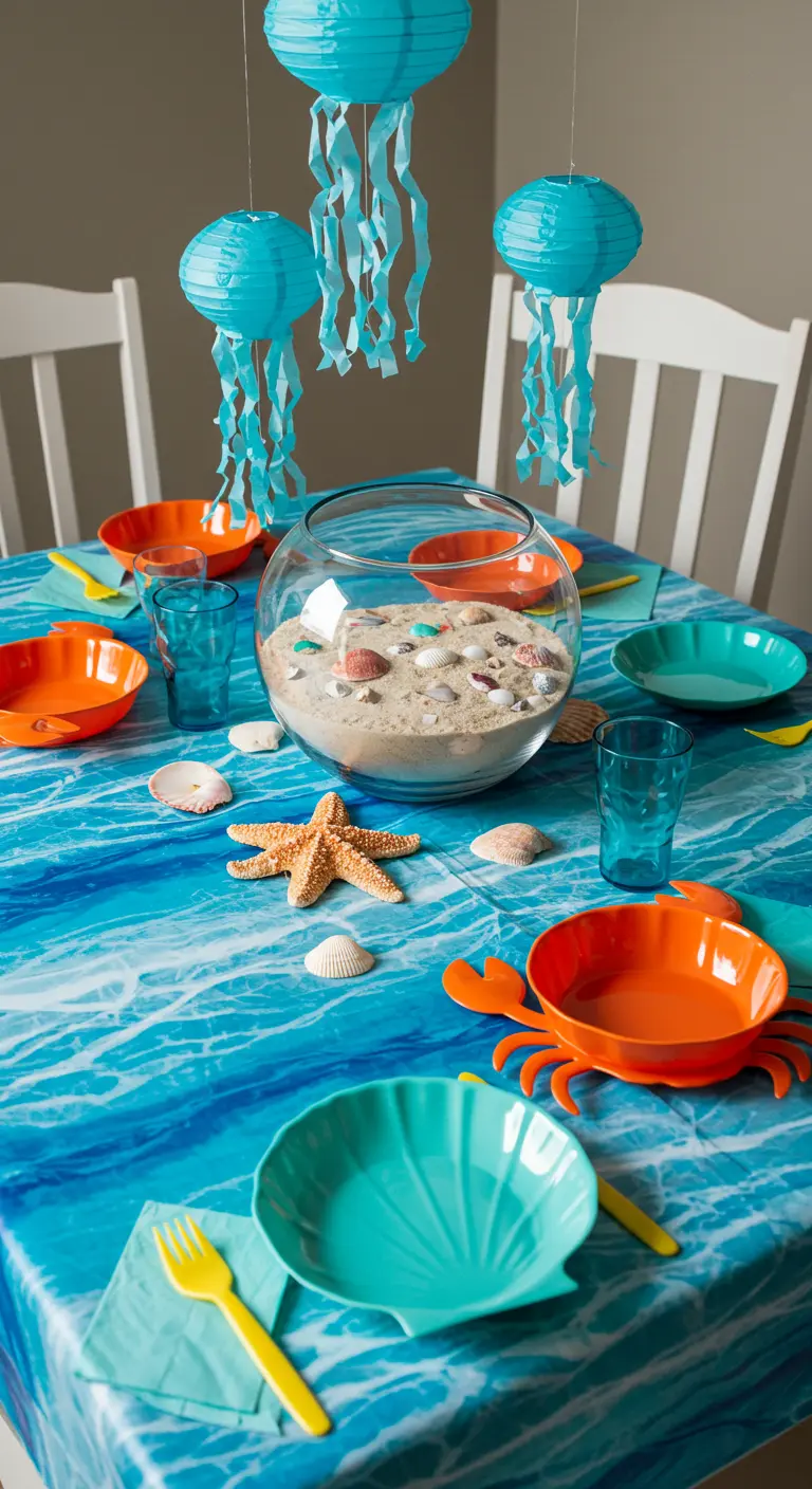 Décor de table sur le thème de la mer avec des méduses en papier et des coquillages.