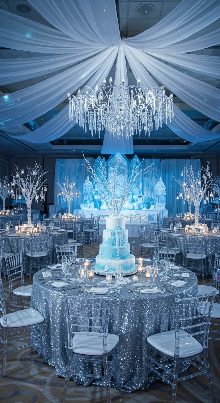Salle de bal décorée sur le thème de la glace avec des tables argentées scintillantes.