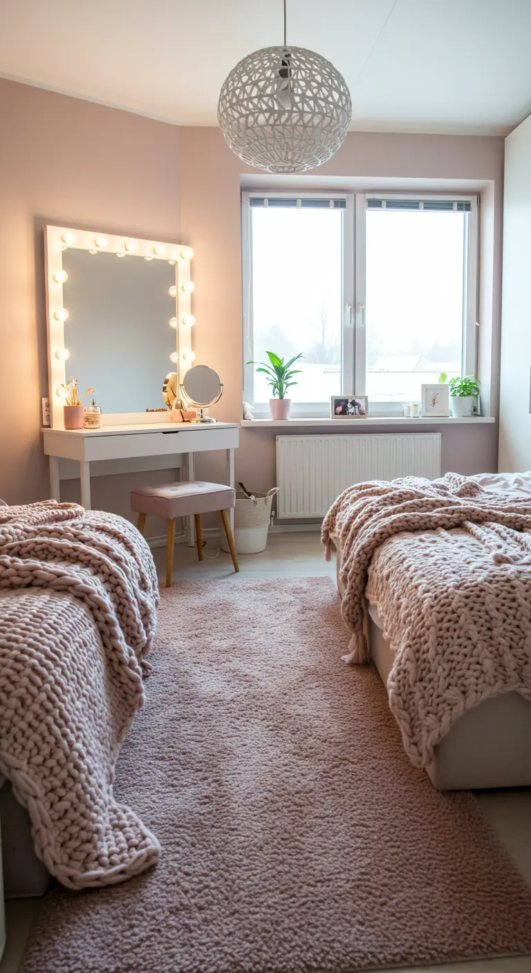 Chambre avec des murs rose poudré, deux lits avec des plaids en grosse maille rose et un tapis assorti.