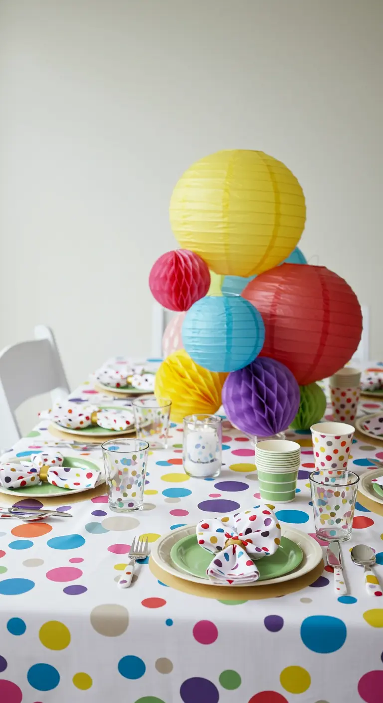 Table de fête joyeuse avec une nappe à pois et un centre de table en lampions.