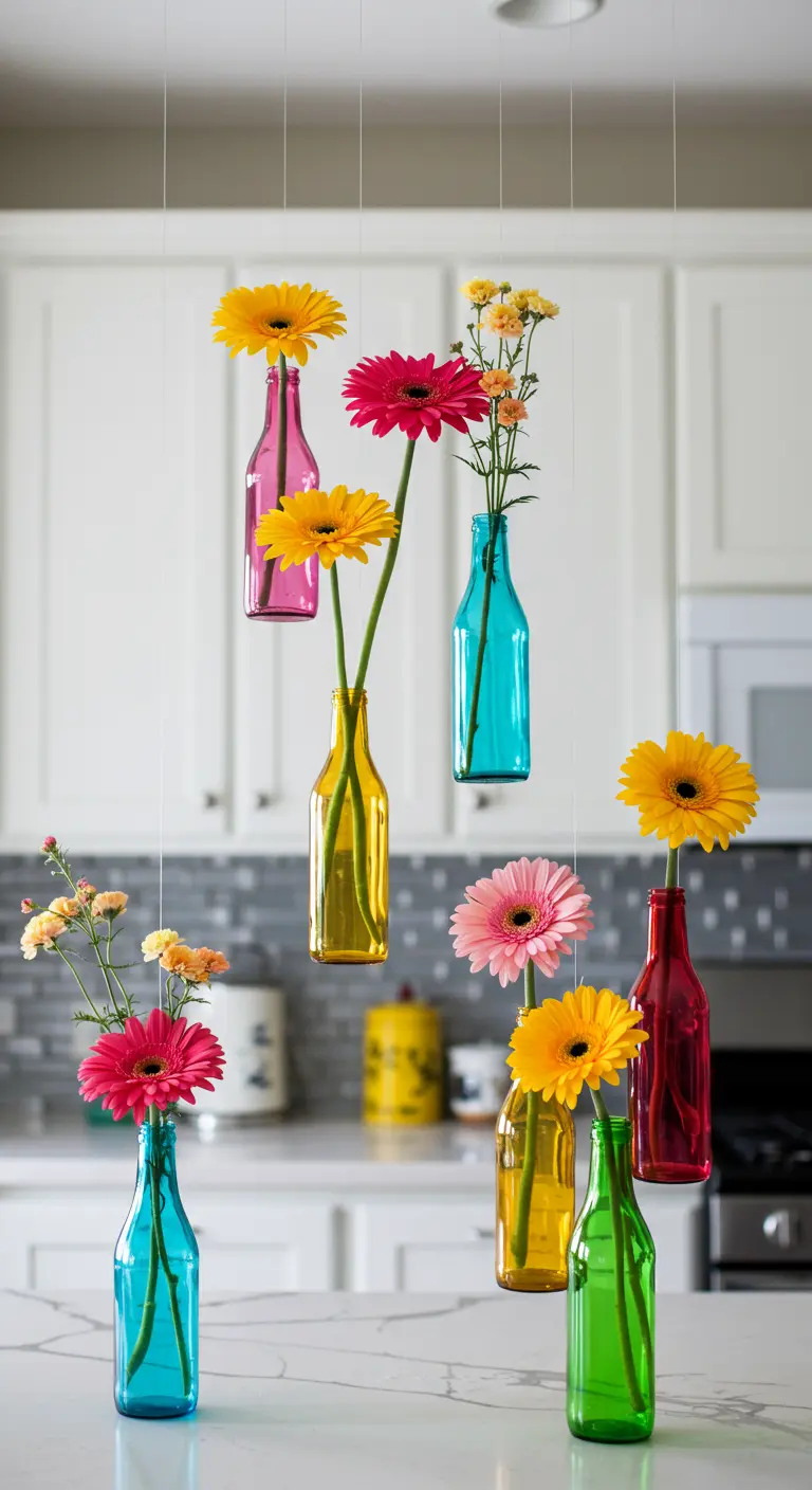 Plusieurs bouteilles en verre de couleurs vives suspendues à différentes hauteurs, chacune contenant une fleur.