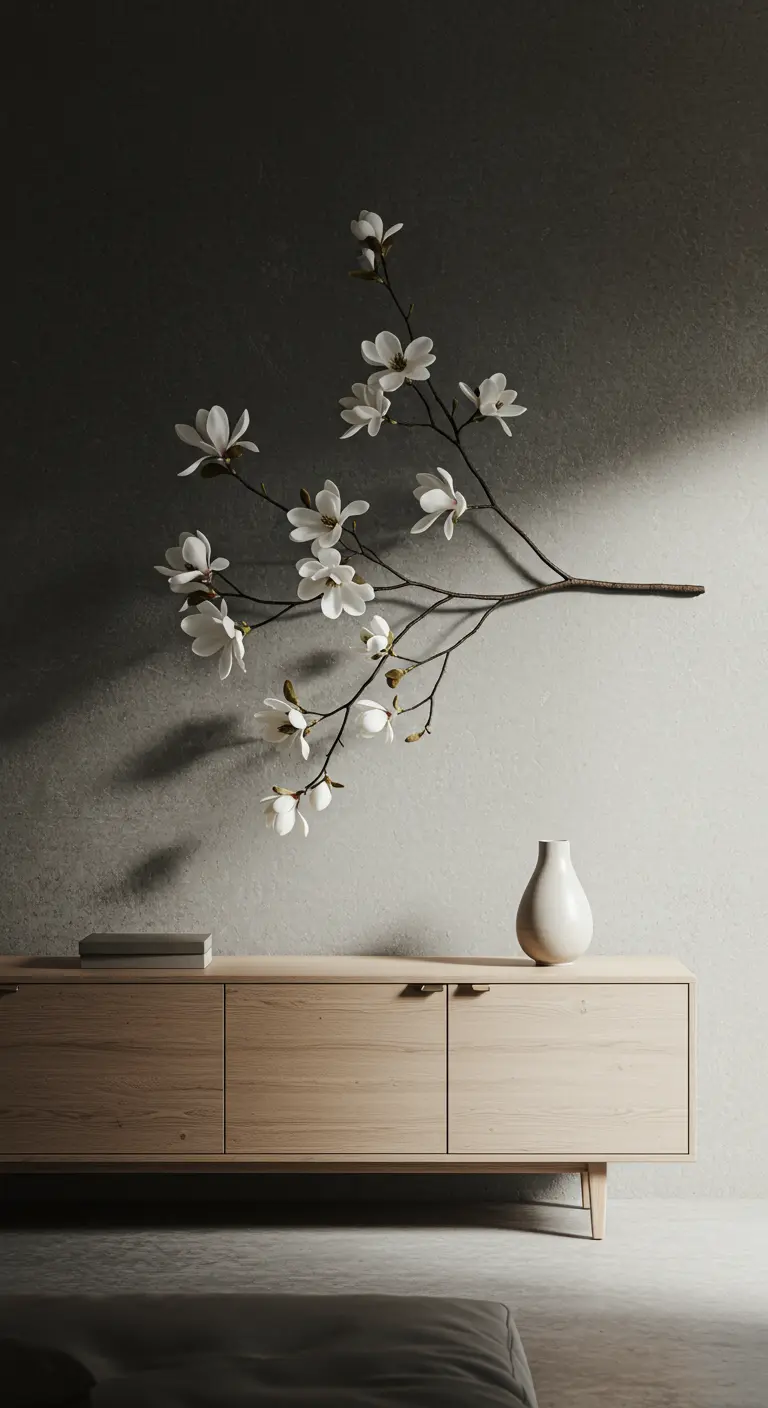 Une seule branche de magnolia blanc fixée à un mur texturé au-dessus d'un buffet.