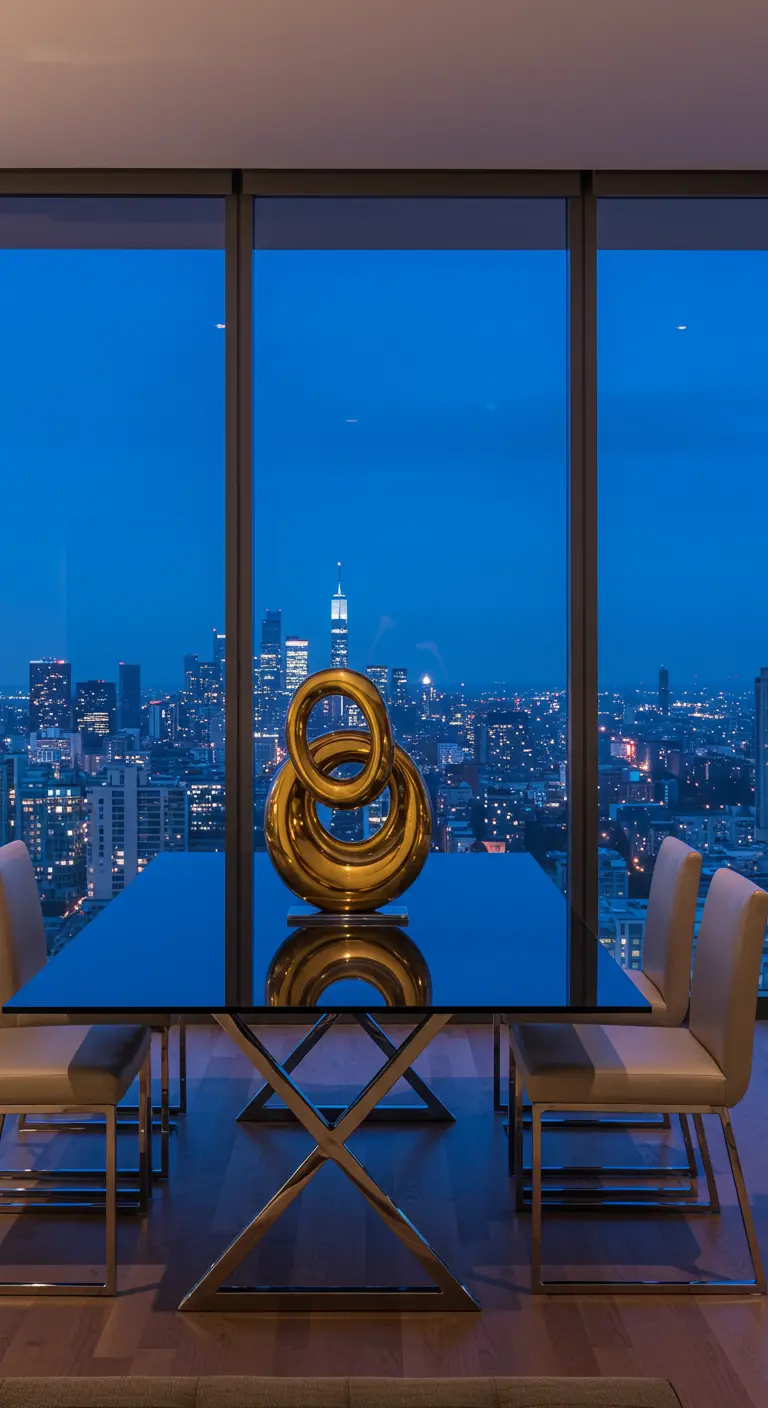 Une sculpture abstraite dorée sur une table en verre avec une vue nocturne sur la ville.
