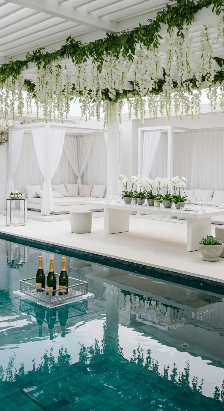 Fête au bord de la piscine tout en blanc, avec des glycines suspendues et des orchidées.