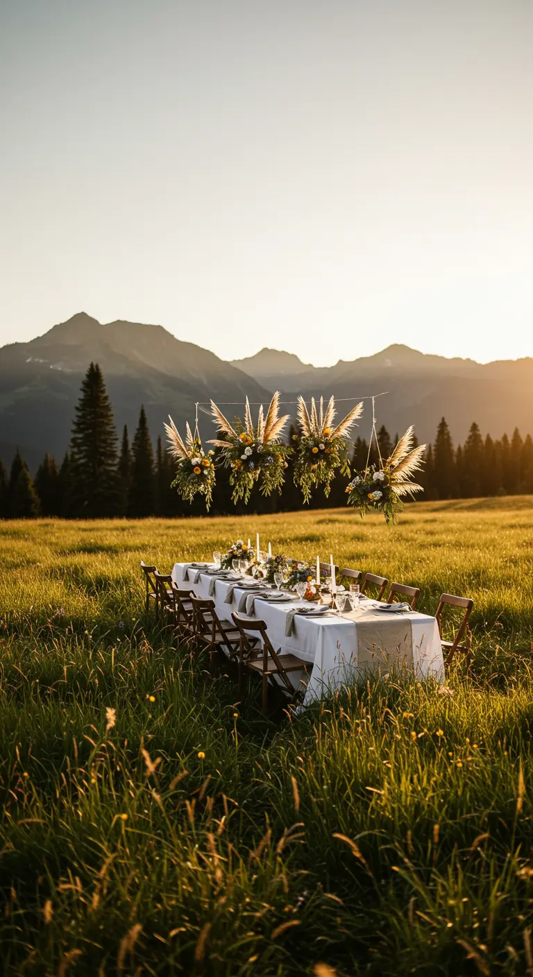 Table de mariage dans un champ avec des bouquets de pampa suspendus.