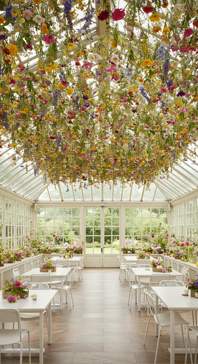 Plafond d'une verrière entièrement recouvert de fleurs sauvages multicolores suspendues tête en bas.