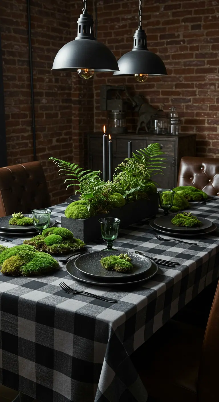 Table sombre avec nappe à carreaux noir et gris et centre de table en mousse.
