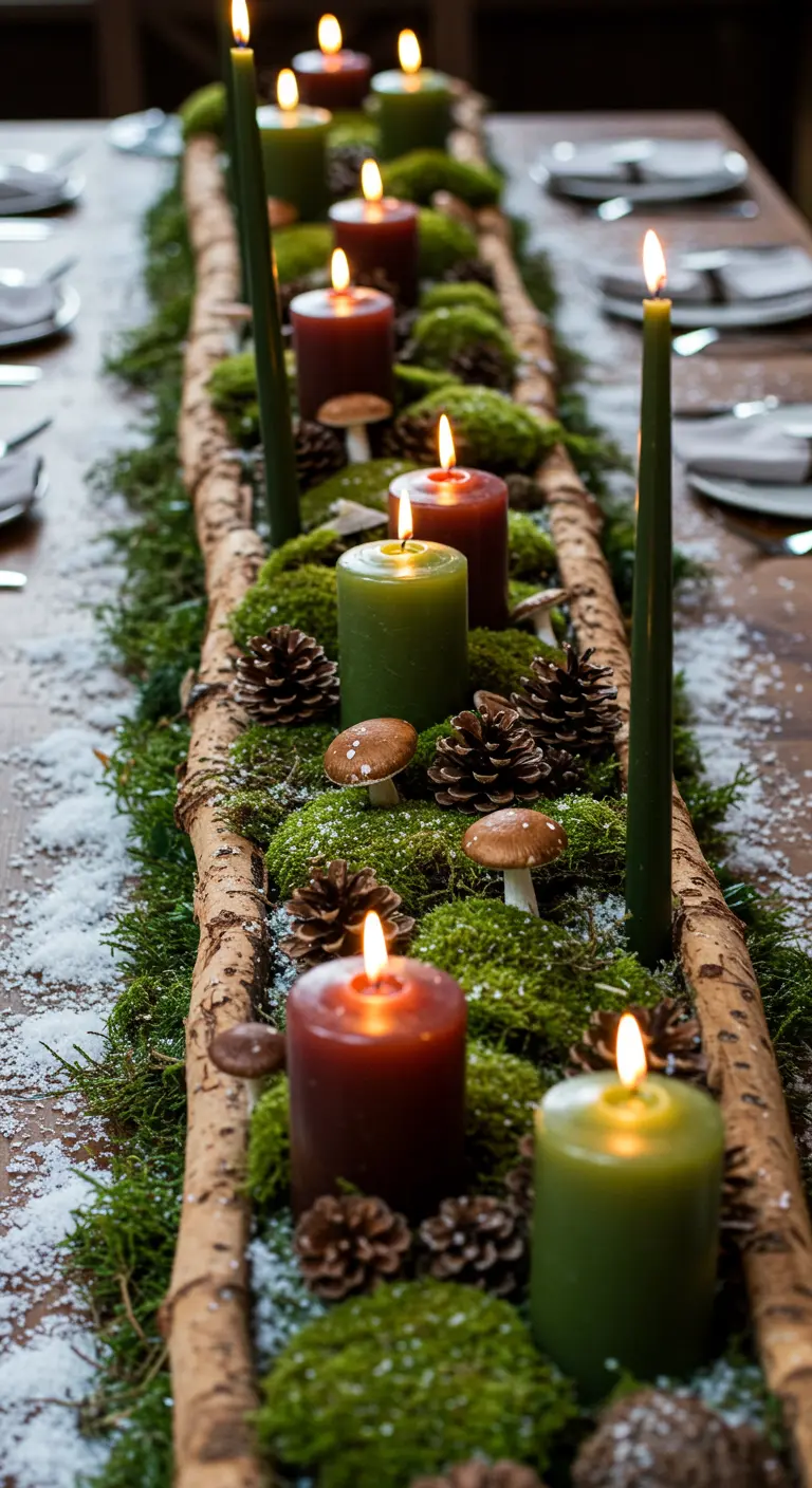 Chemin de table forestier avec mousse, bûches et bougies.