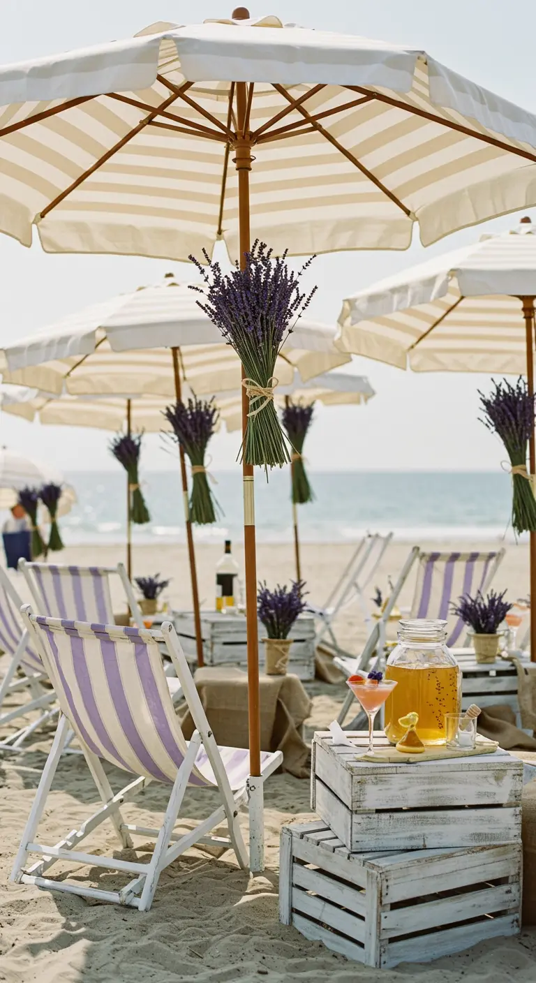 Décoration de plage sur le thème de la Provence avec des transats lilas et des bouquets de lavande.