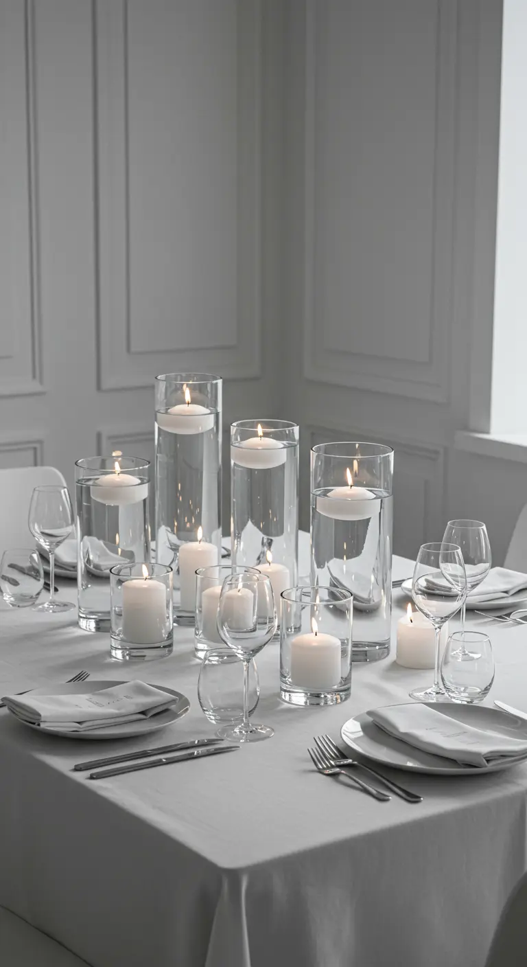 Table minimaliste blanche avec des bougies flottantes blanches dans des vases en verre transparent.