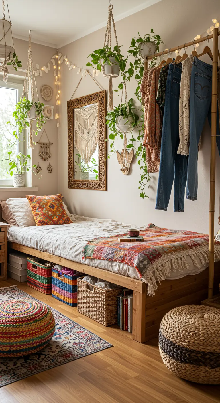 Chambre bohème avec lit en bois, paniers en osier et portemanteau en bambou.