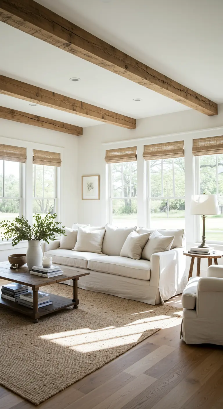 Salon de style farmhouse avec poutres en bois et canapé blanc