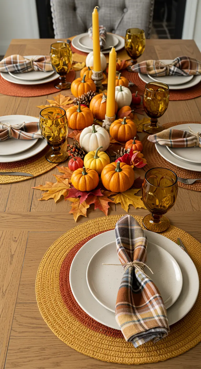 Table d'automne élégante avec des citrouilles, des serviettes à carreaux et des verres ambrés.