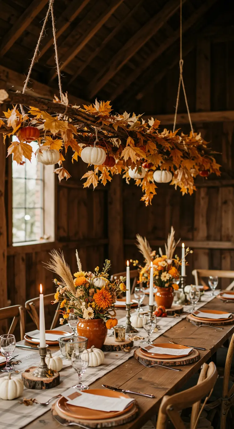 Table de mariage d'automne avec une branche décorée de feuilles et de mini citrouilles.