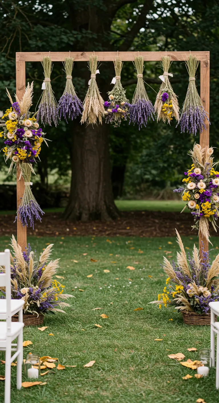 Arche en bois avec des bouquets de lavande séchée et de fleurs des champs.