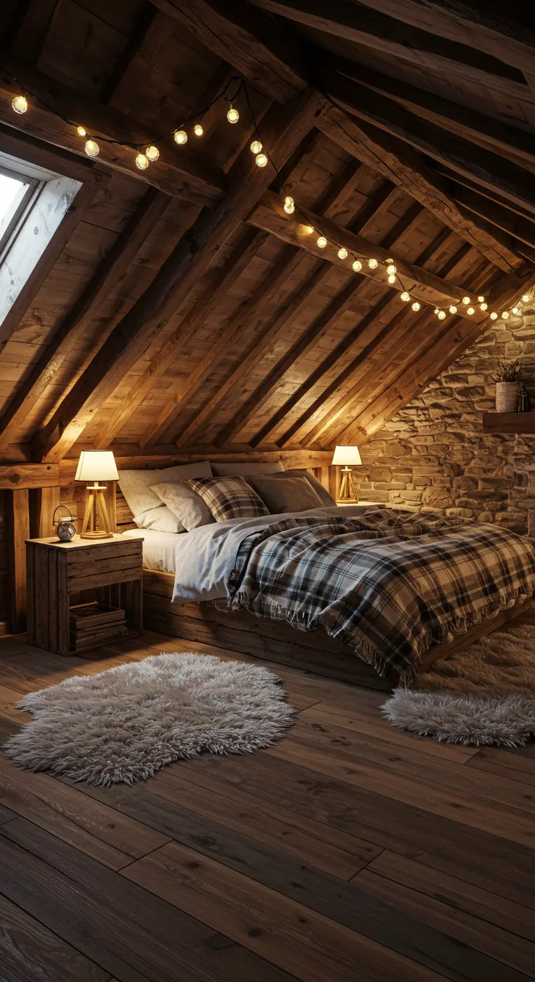 Chambre mansardée rustique avec murs en pierre, poutres en bois et guirlandes lumineuses.