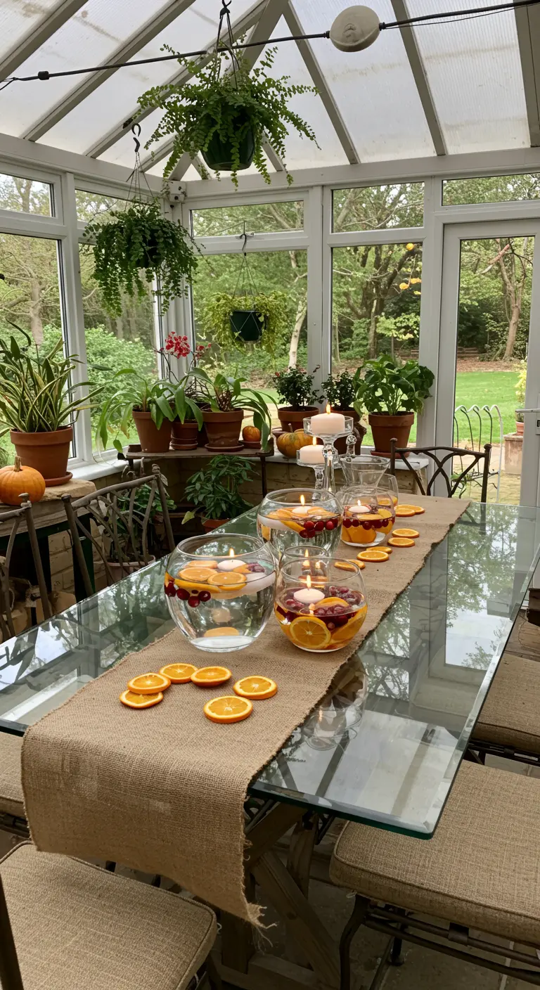Table en verre avec des bougies flottantes dans des bols d'eau, oranges et canneberges.