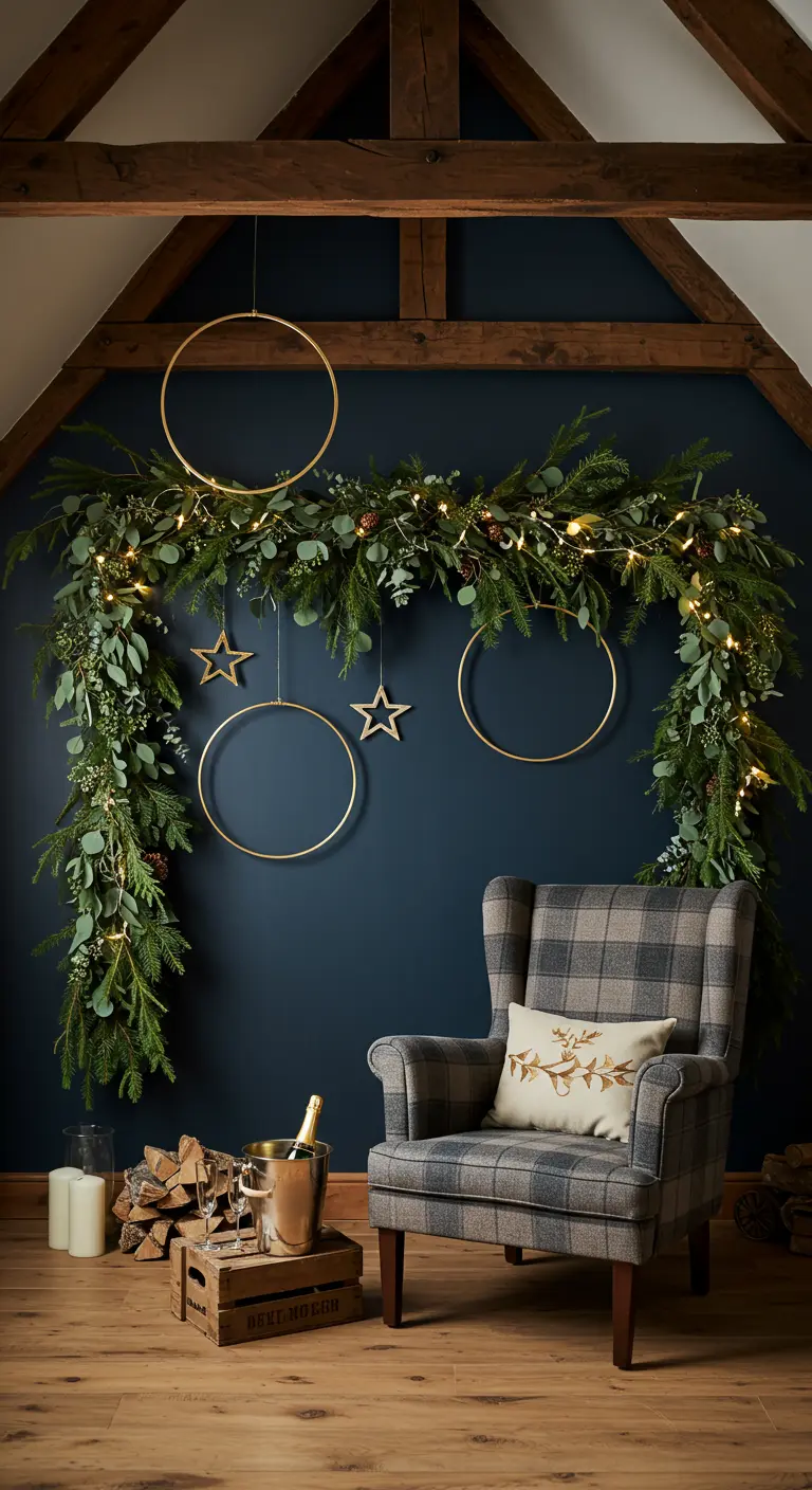 Coin photo rustique avec fauteuil, guirlande de sapin et cercles dorés.