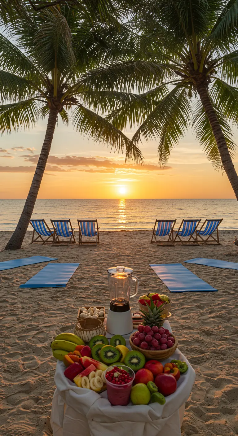 Bar à smoothies et tapis de yoga sur la plage face au coucher de soleil.