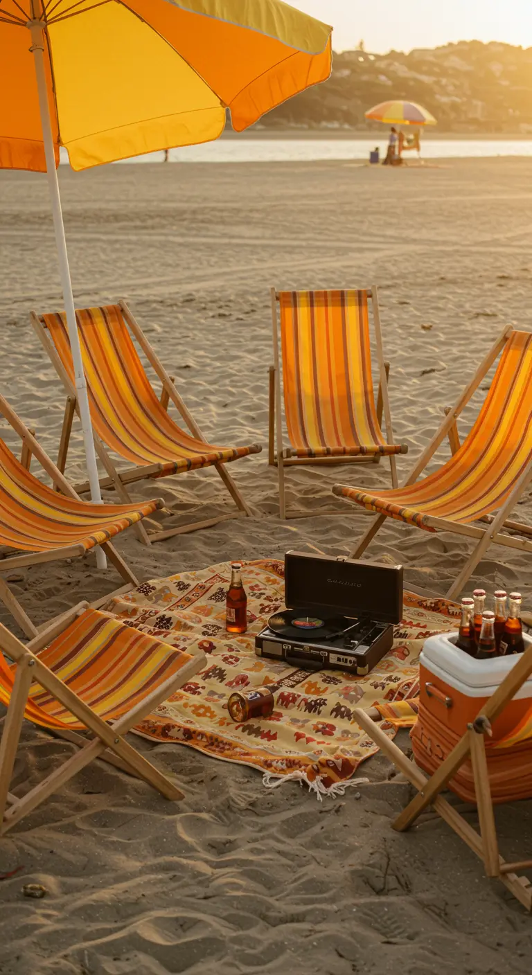 Scène de plage rétro avec des transats rayés orange et un tourne-disque sur un plaid.