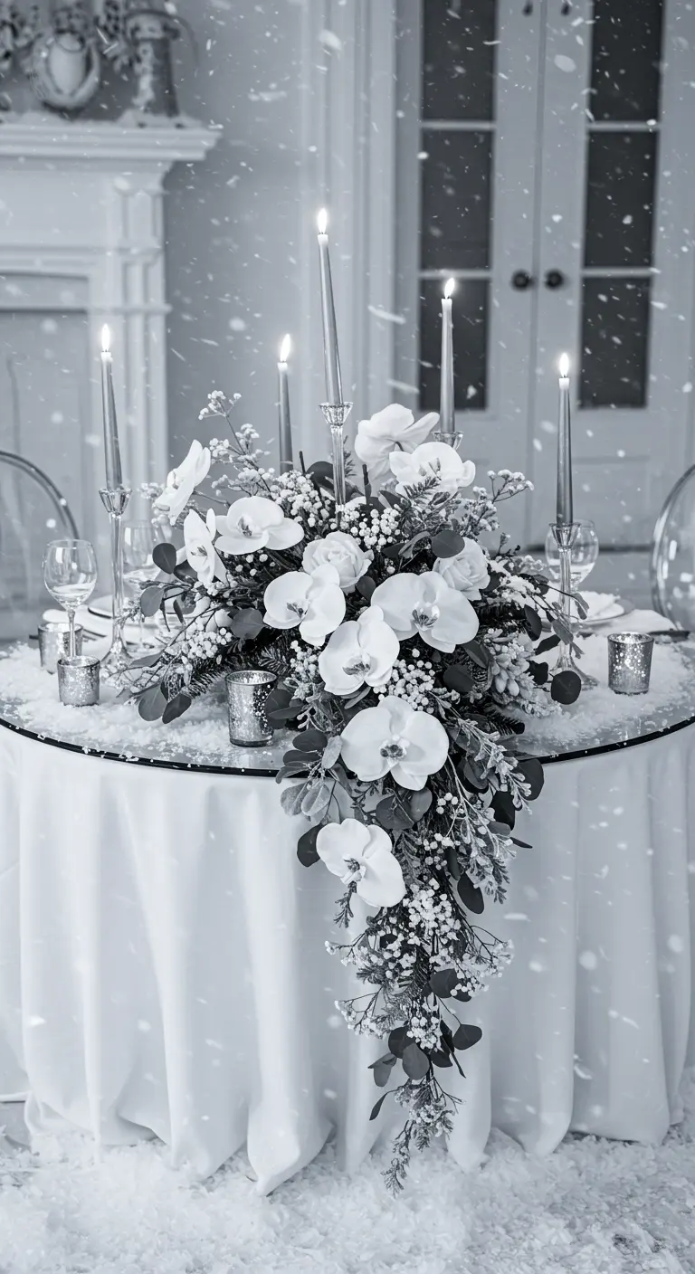 Composition florale blanche et argentée pour une table de fête.