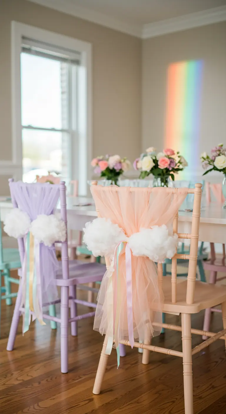 Chaises pastel avec du tulle et de faux nuages en coton.