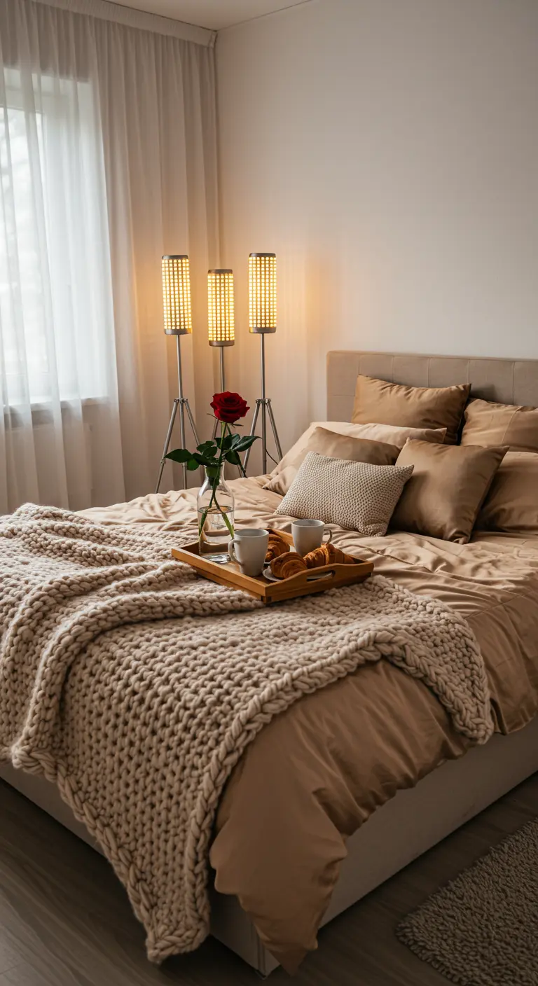 Un lit confortable avec un plateau de petit-déjeuner et un éclairage d'ambiance chaleureux.