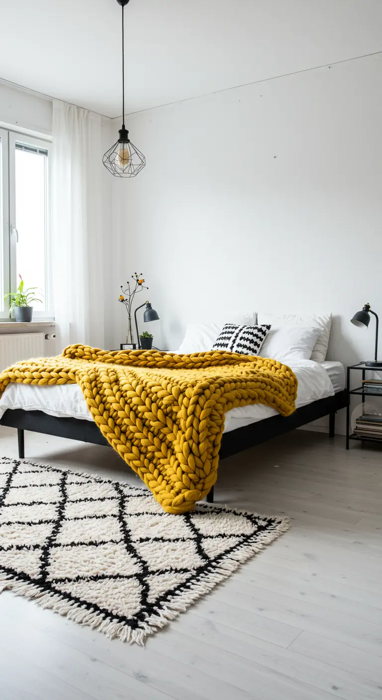 Chambre scandinave minimaliste avec un plaid en grosse maille jaune moutarde vif sur le lit.
