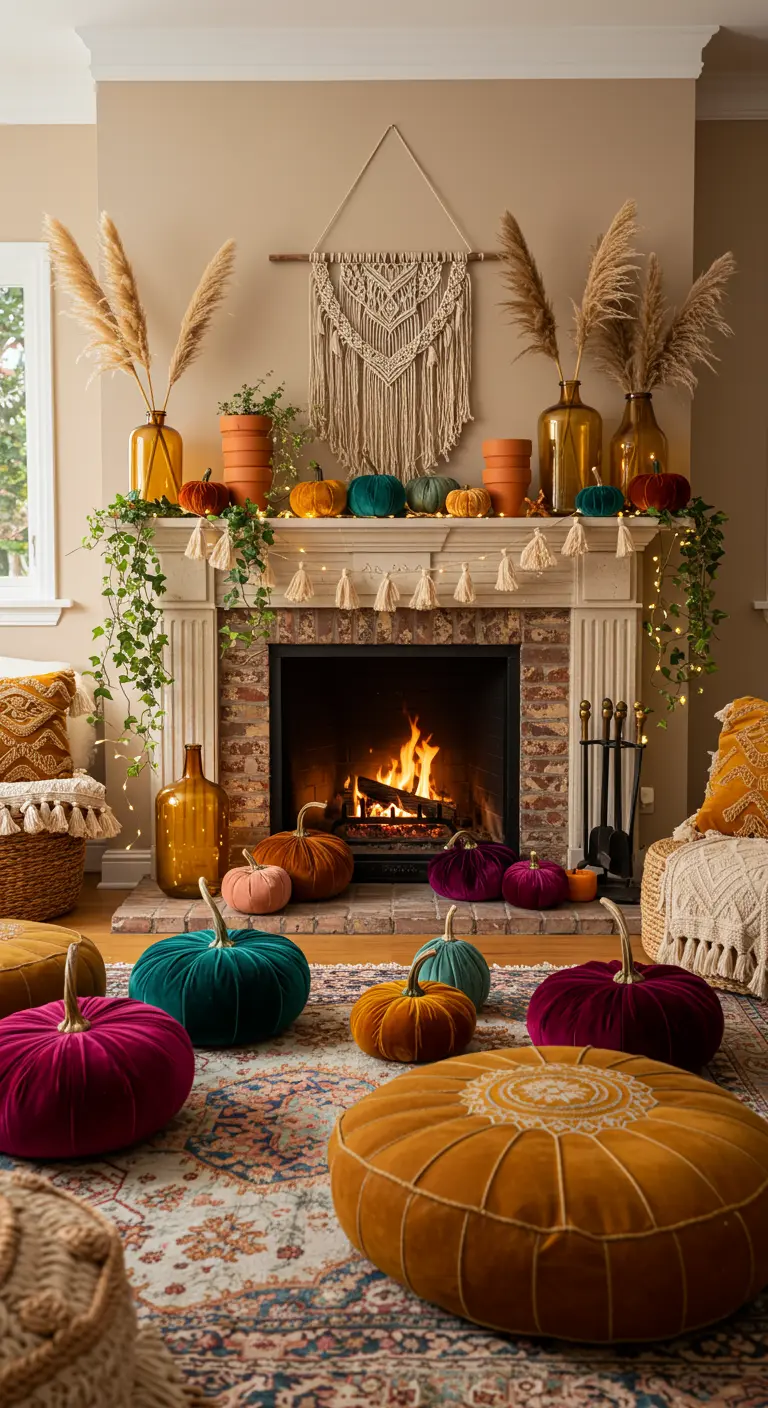 Cheminée de style bohème avec des citrouilles en velours colorées et de l'herbe de la pampa.