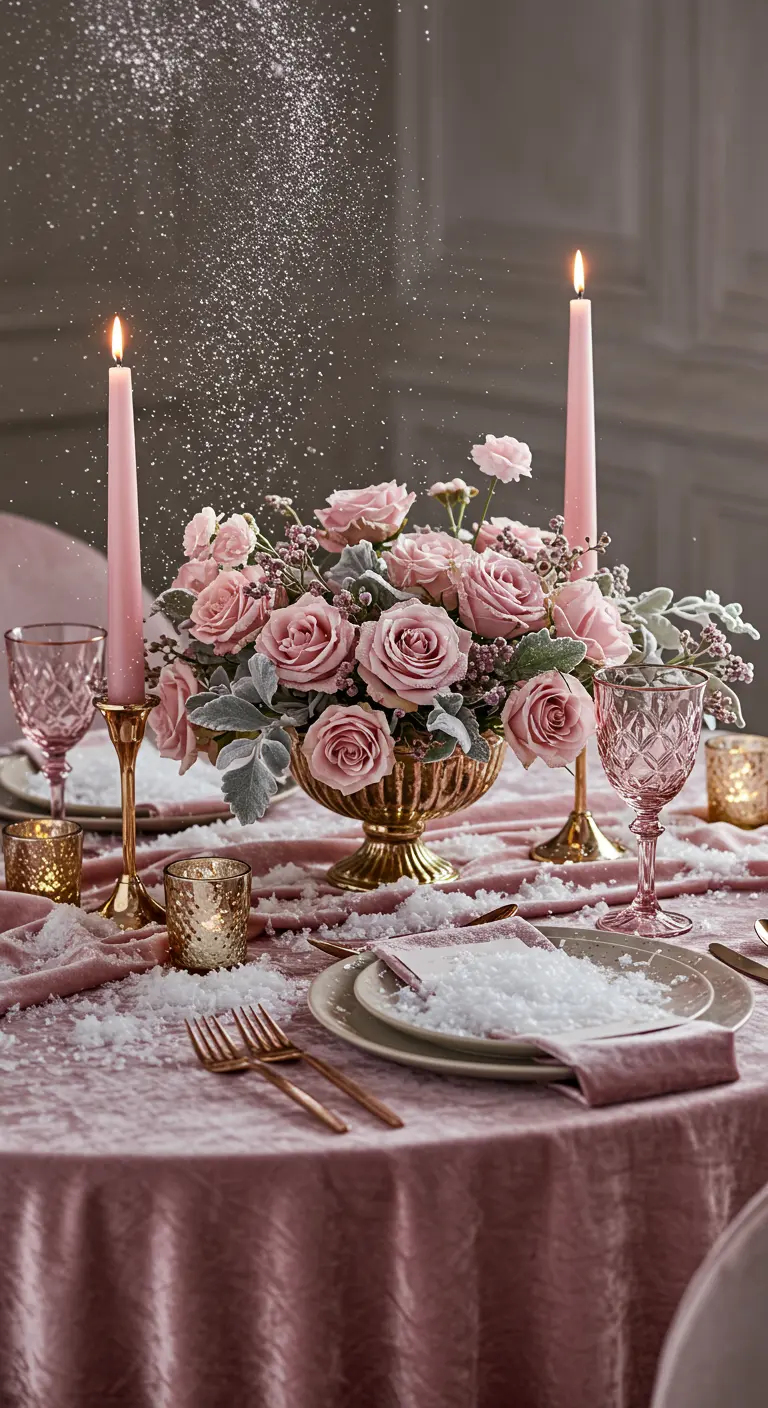 Table de fête romantique avec nappe en velours rose et roses.