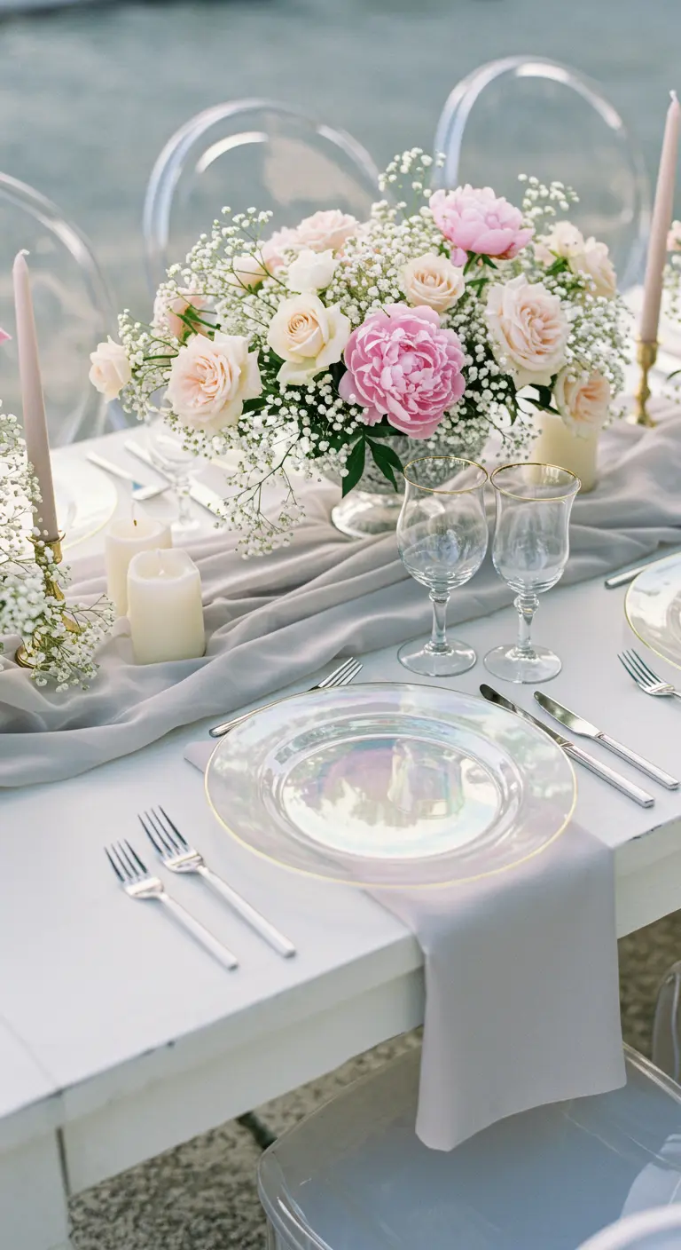 Table de mariage romantique avec des assiettes irisées et un bouquet de pivoines.