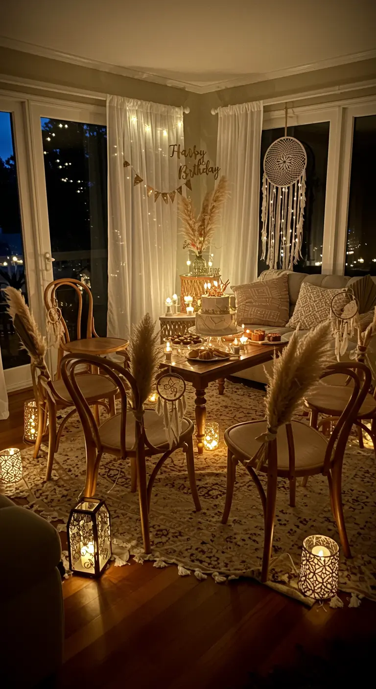 Chaises décorées d'herbe de la pampa pour un anniversaire bohème intime.