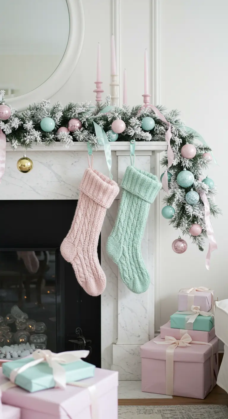 Décoration de cheminée pastel avec chaussettes rose et vert menthe.