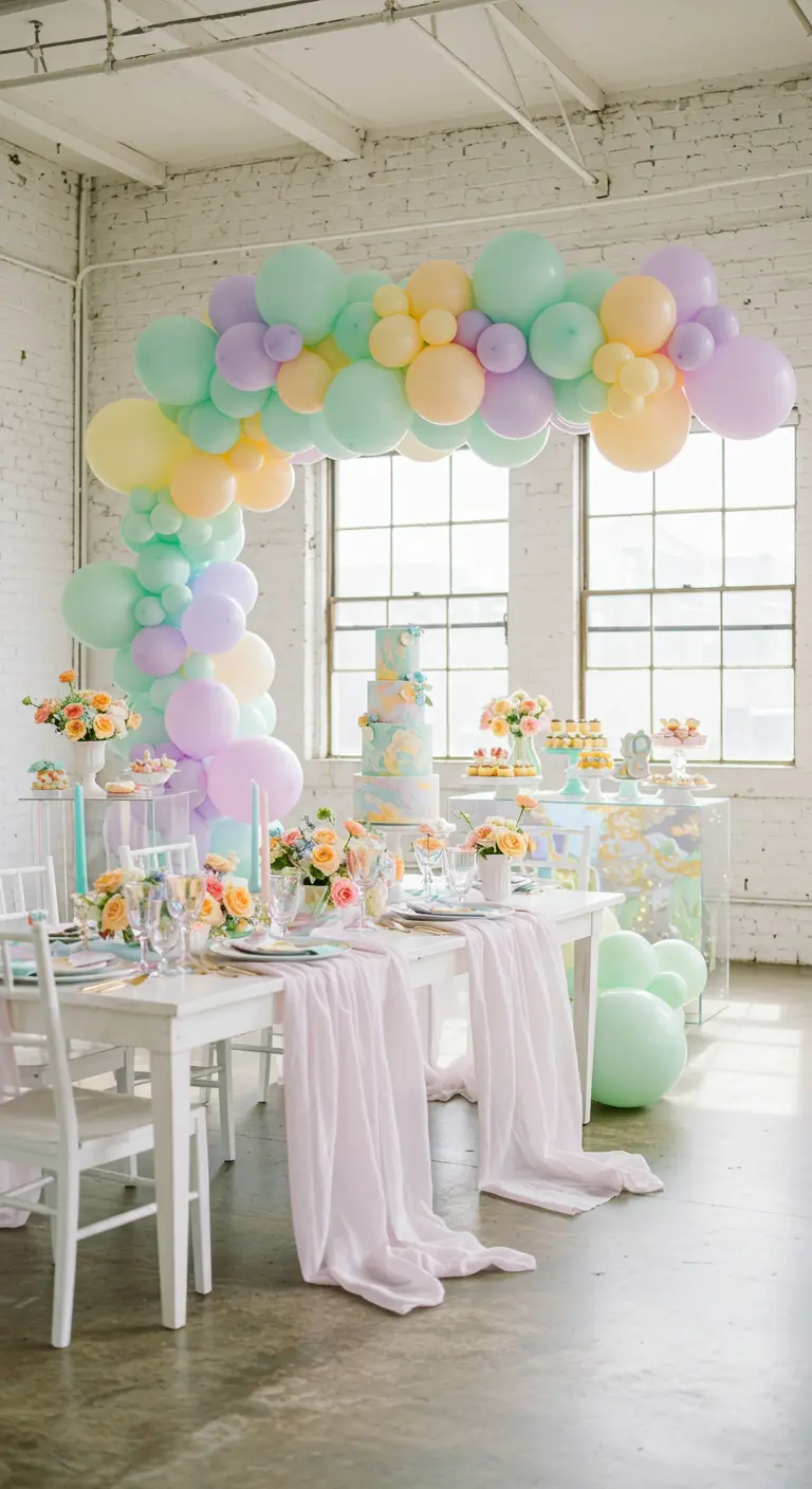 Salle de fête lumineuse avec arche de ballons pastel et table décorée.