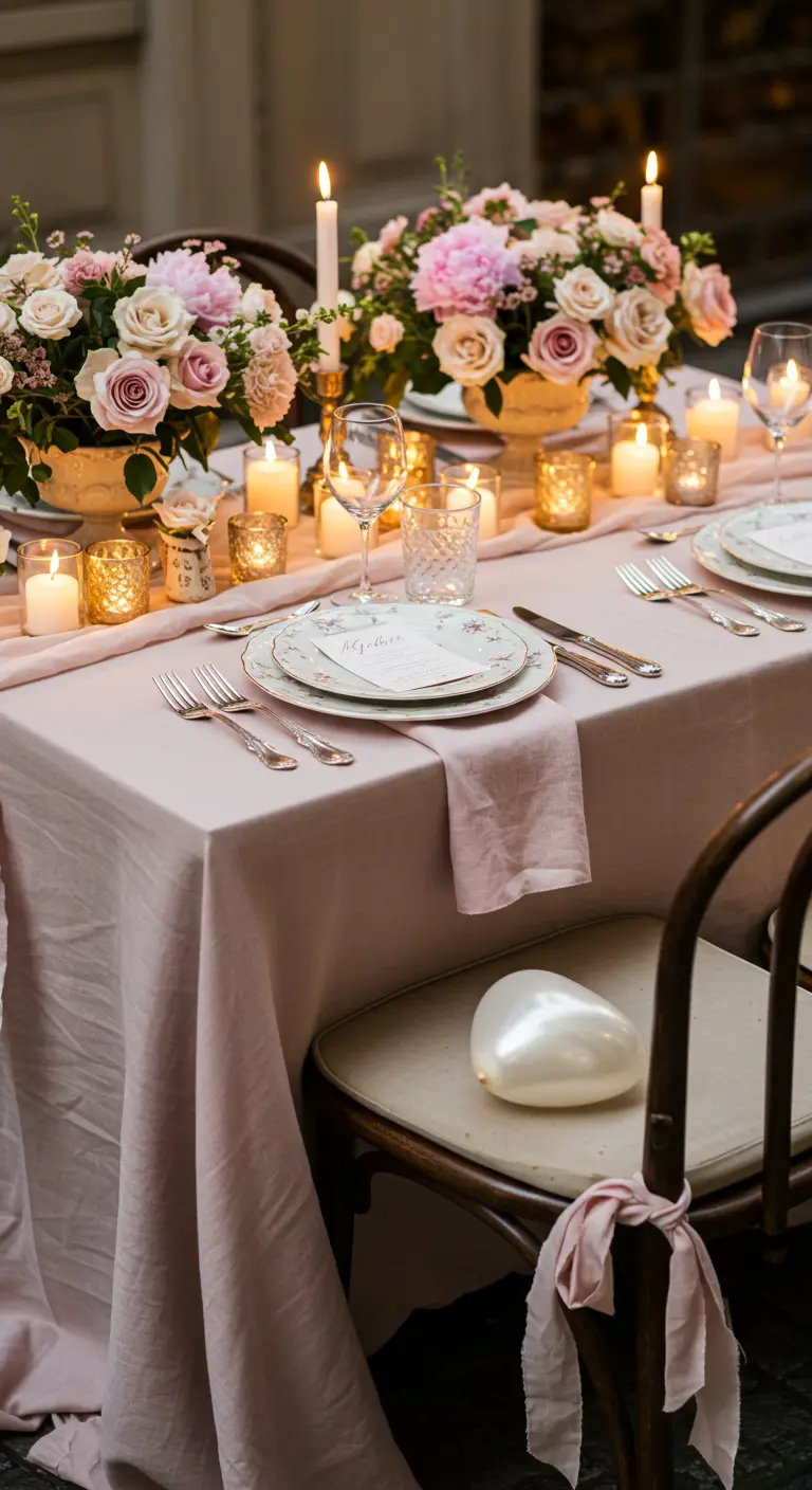 Table de fête romantique rose poudré avec des bouquets de roses et de nombreuses bougies.